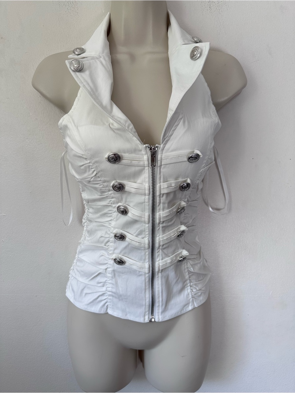 White Military-Style Zip Front Sleeveless Top